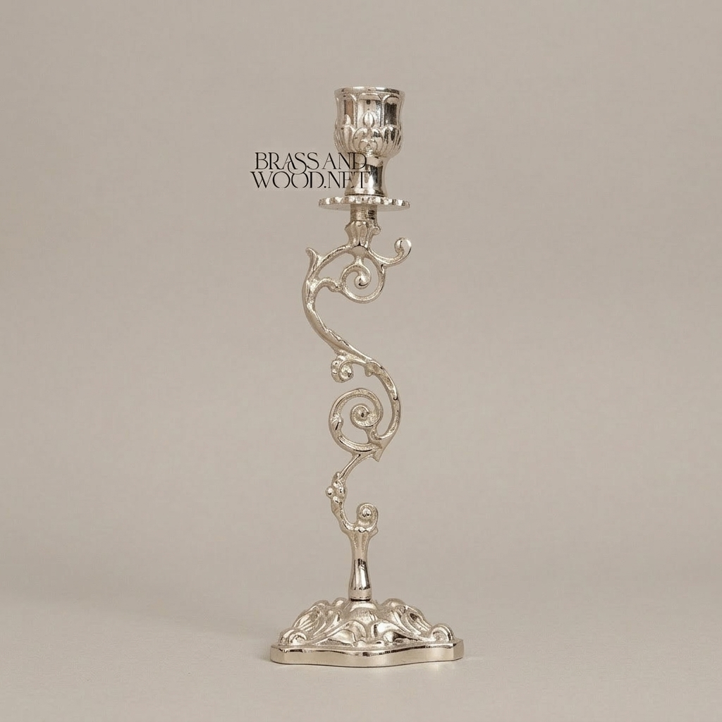 Rococo Brass Candlestick with Serpentine Scrollwork Stem — Silver