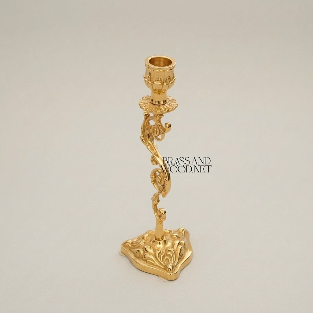 Rococo Brass Candlestick with Serpentine Scrollwork Stem — Gold