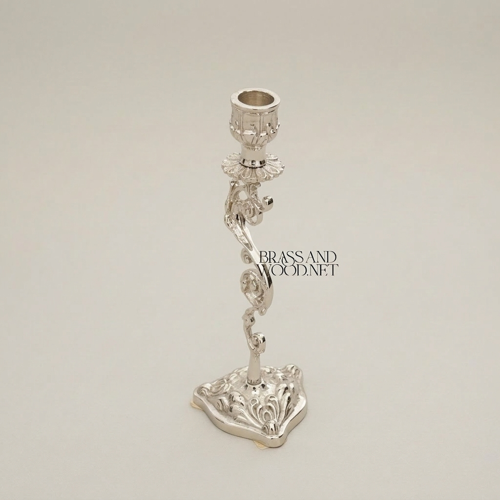 Rococo Brass Candlestick with Serpentine Scrollwork Stem — Silver