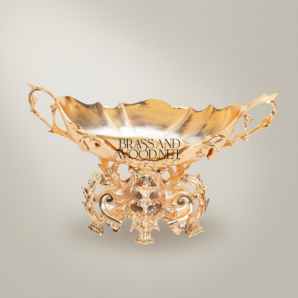 Rococo Brass Candy Dish - Dual-Handle Leaf-Scroll Pedestal Bowl