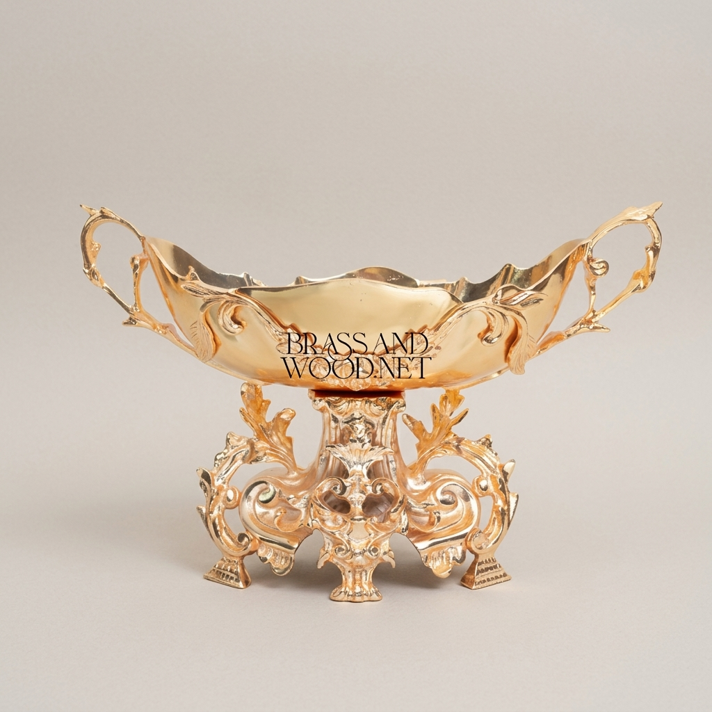 Rococo Brass Candy Dish - Dual-Handle Leaf-Scroll Pedestal Bowl