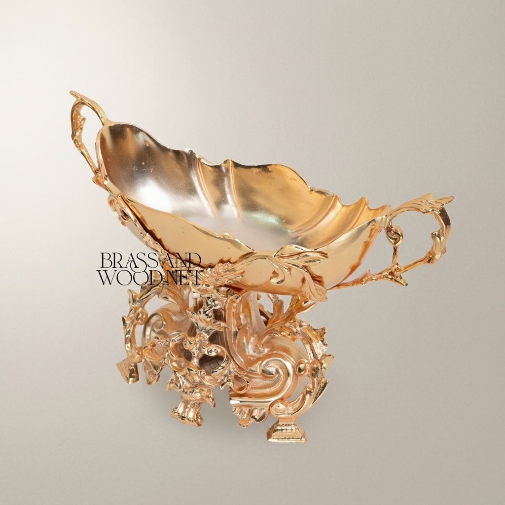 Rococo Brass Candy Dish - Dual-Handle Leaf-Scroll Pedestal Bowl