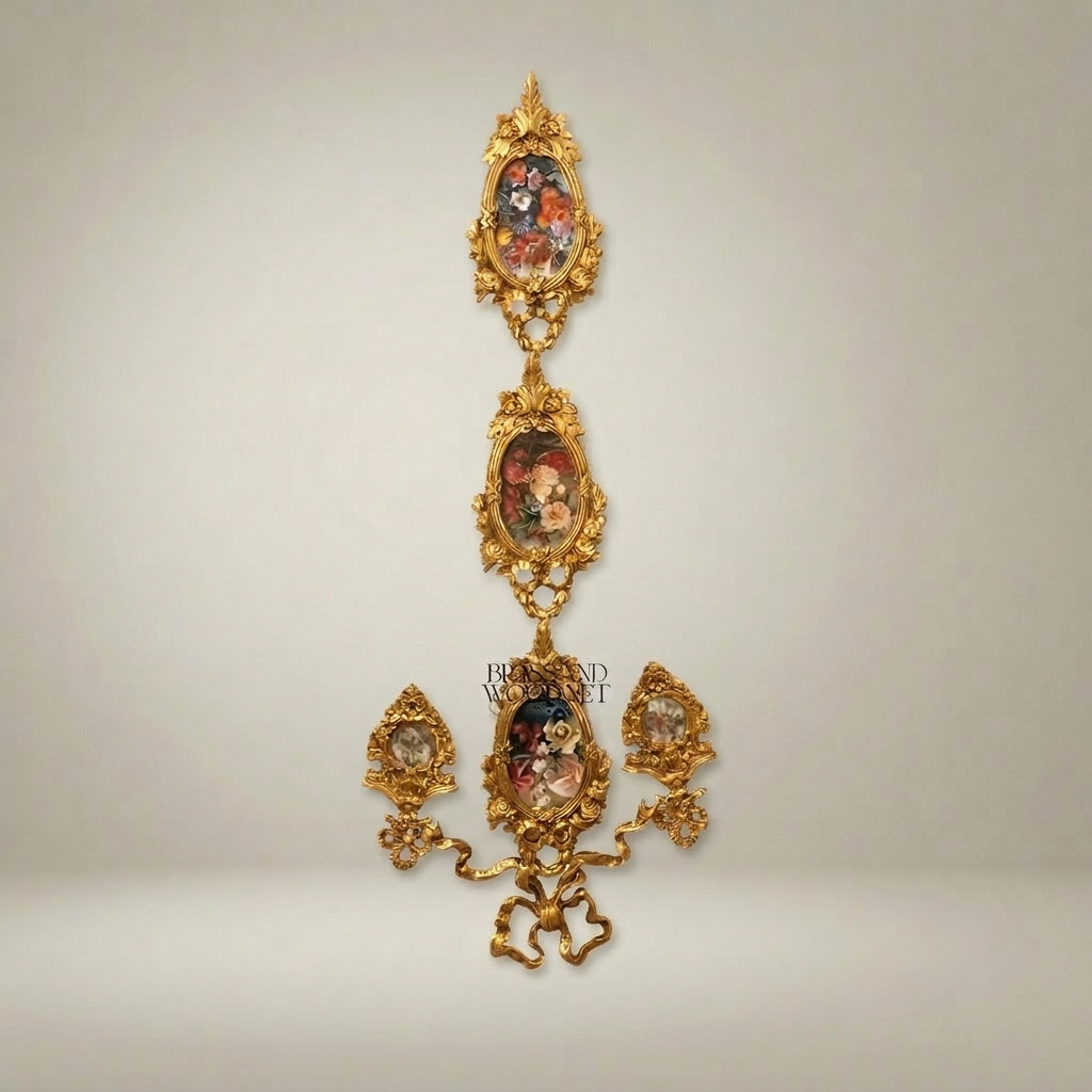 Rococo Brass Cascading Wall Medallion with Floral Ceramic Ovals