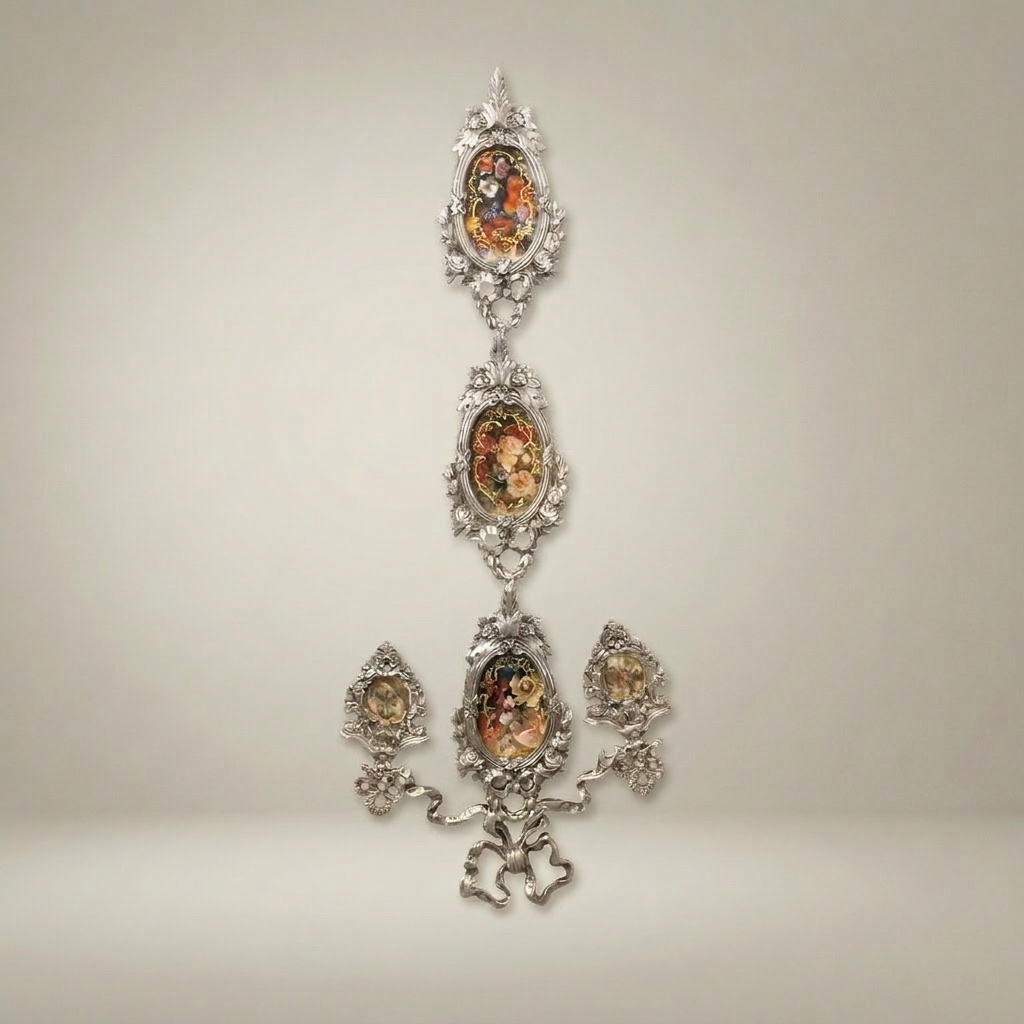 Rococo Brass Cascading Wall Medallion with Floral Ceramic Ovals — Silver