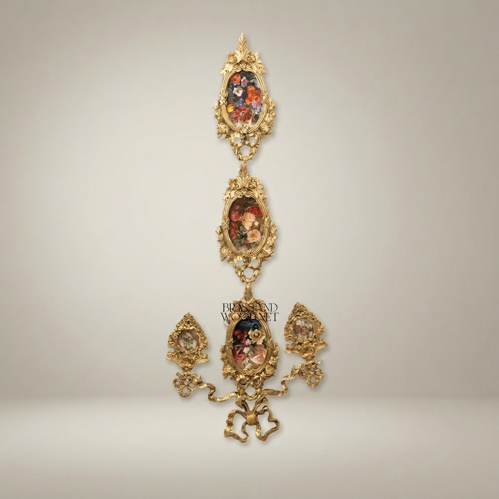 Rococo Brass Cascading Wall Medallion with Floral Ceramic Ovals — Antique Gold
