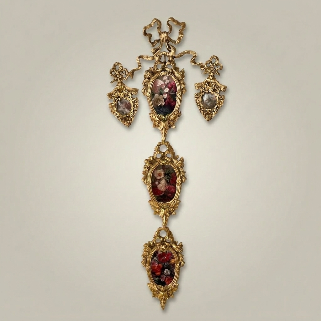 Rococo Brass Cascading Wall Medallion with Floral Ceramic Ovals — Gold