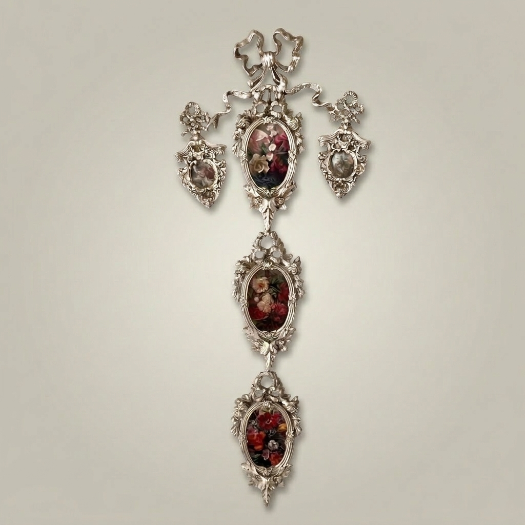 Rococo Brass Cascading Wall Medallion with Floral Ceramic Ovals — Silver