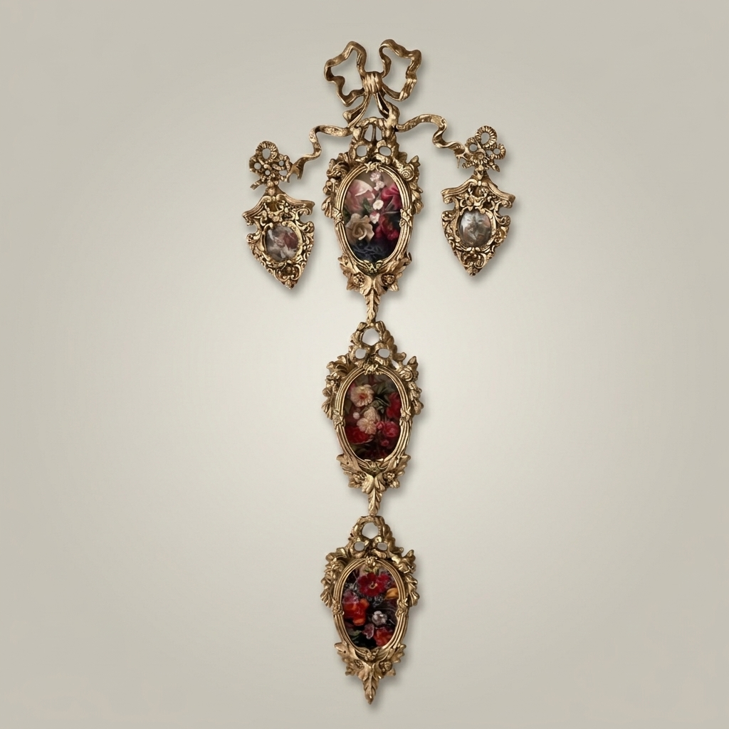 Rococo Brass Cascading Wall Medallion with Floral Ceramic Ovals — Antique Gold