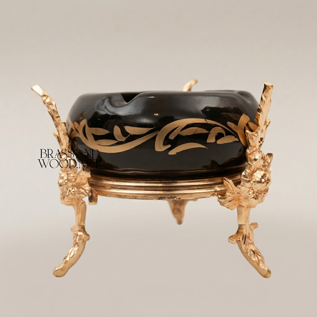 Rococo Brass & Ceramic Ashtray with Arabesque Motifs on Sculptural Foliage Stand — Gold