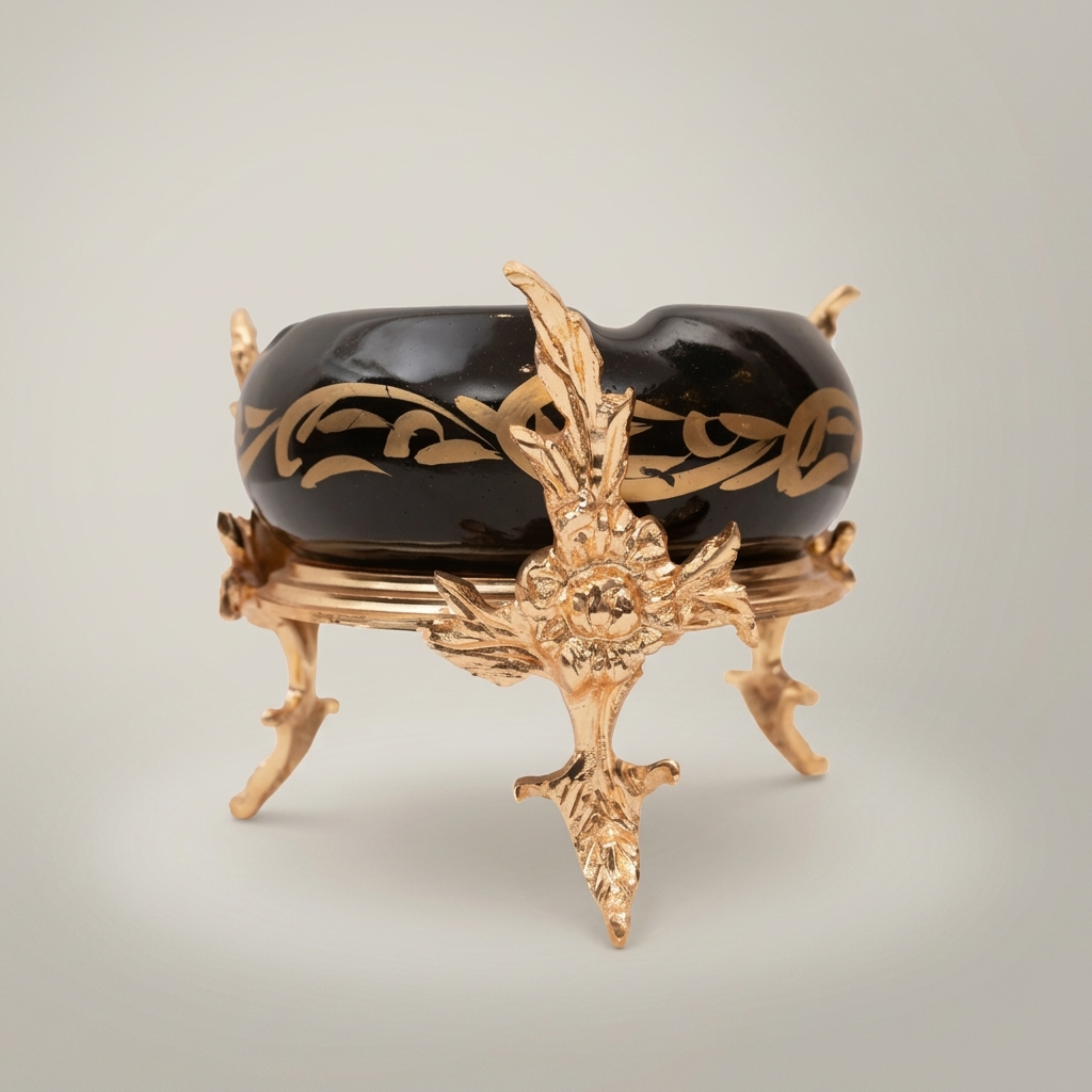 Rococo Brass & Ceramic Ashtray with Arabesque Motifs on Sculptural Foliage Stand