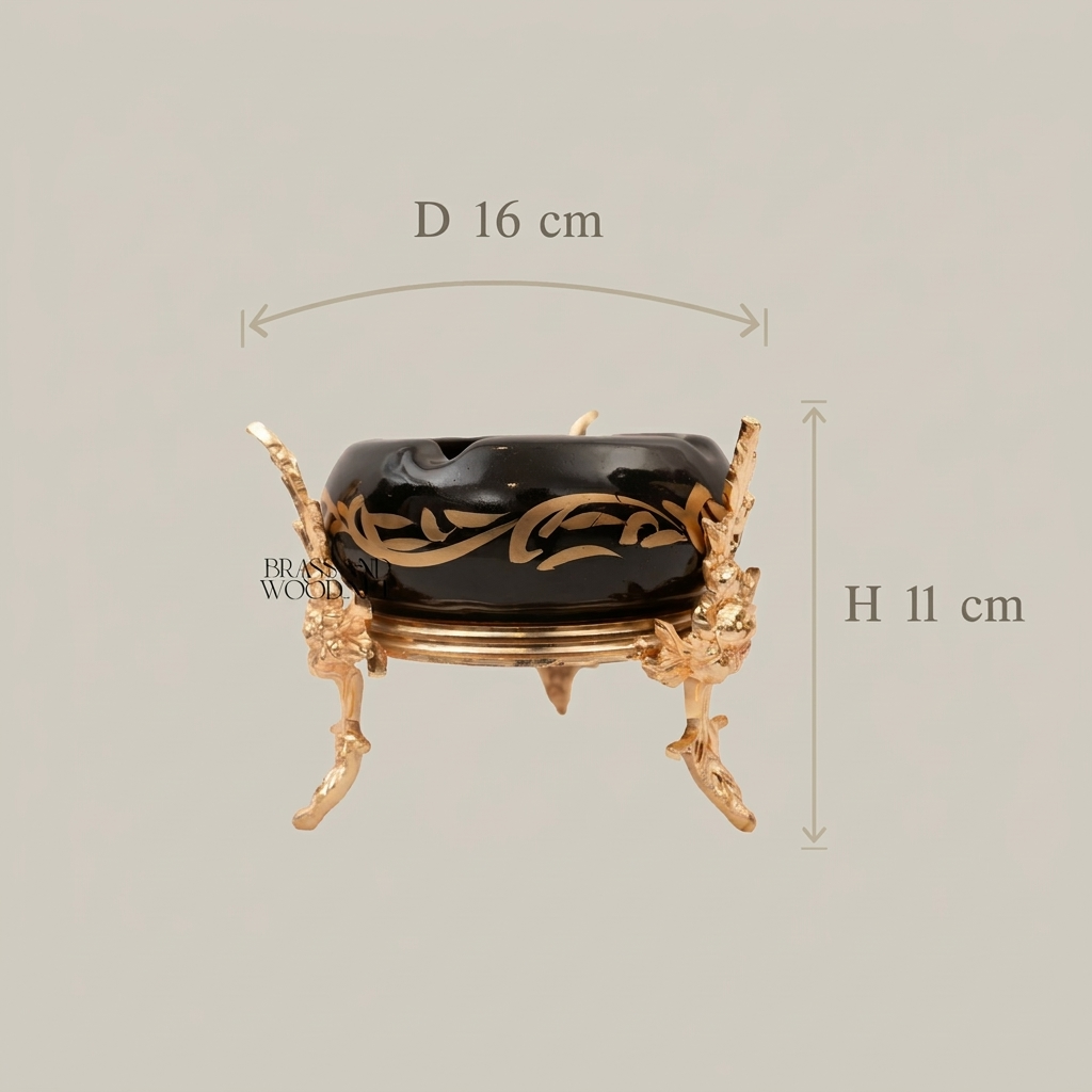 Rococo Brass & Ceramic Ashtray with Arabesque Motifs on Sculptural Foliage Stand — Gold