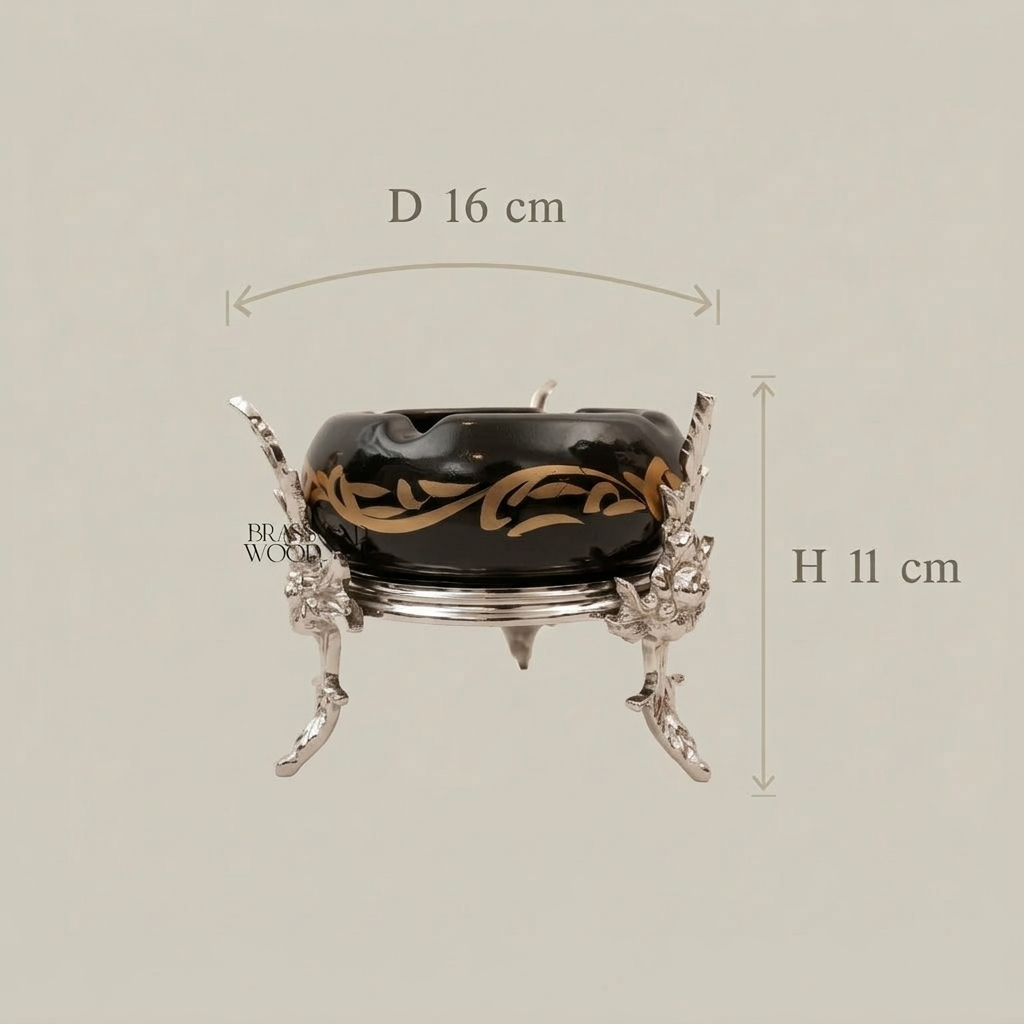 Rococo Brass & Ceramic Ashtray with Arabesque Motifs on Sculptural Foliage Stand — Silver