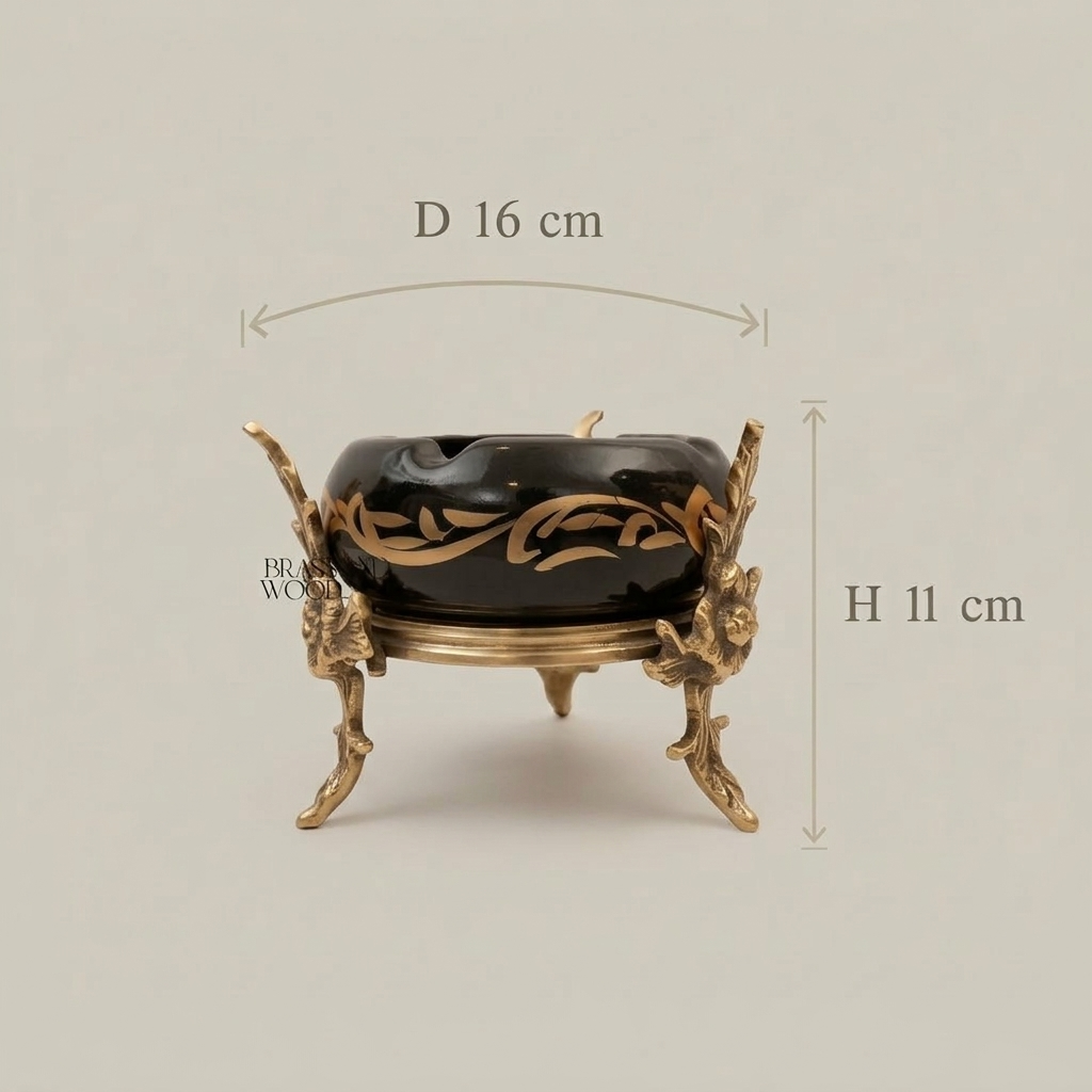 Rococo Brass & Ceramic Ashtray with Arabesque Motifs on Sculptural Foliage Stand — Antique Gold