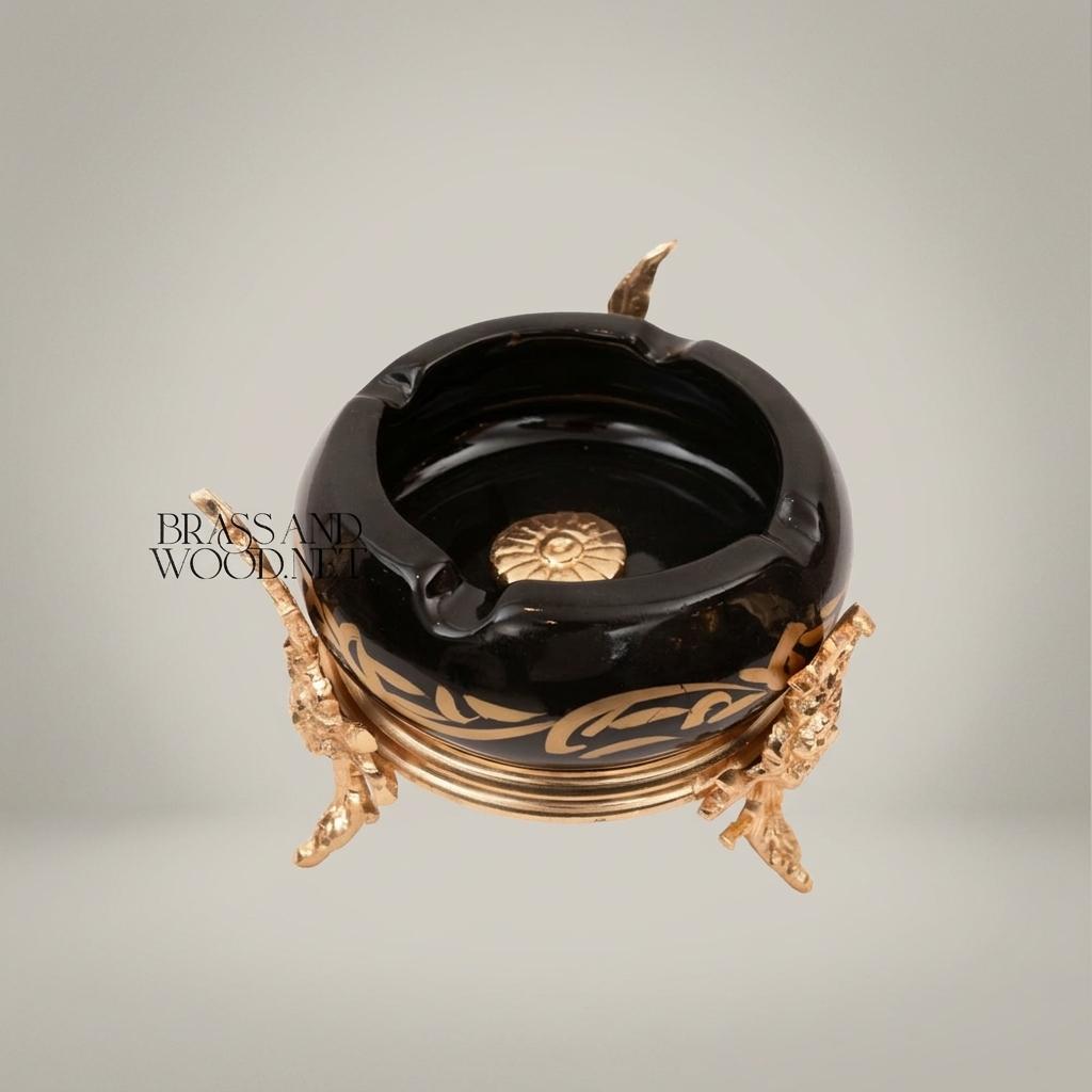 Rococo Brass & Ceramic Ashtray with Arabesque Motifs on Sculptural Foliage Stand — Gold