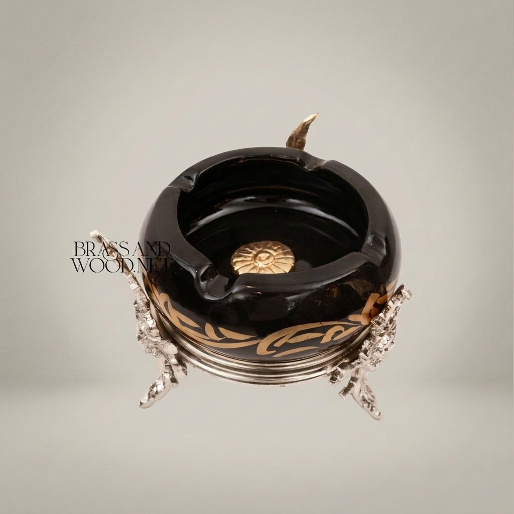 Rococo Brass & Ceramic Ashtray with Arabesque Motifs on Sculptural Foliage Stand — Silver