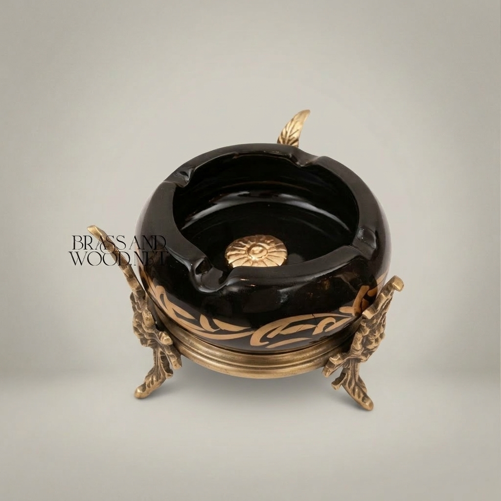 Rococo Brass & Ceramic Ashtray with Arabesque Motifs on Sculptural Foliage Stand — Antique Gold