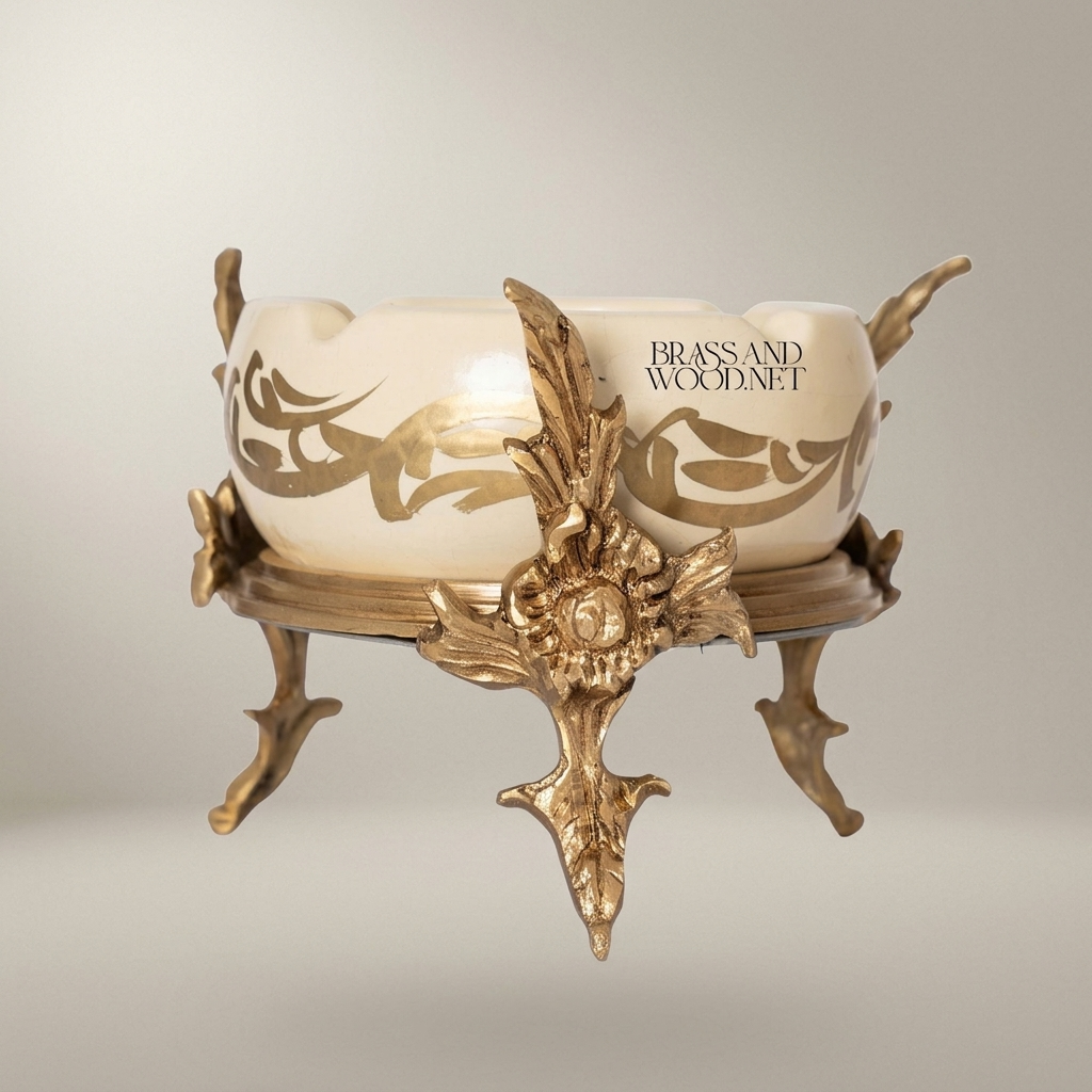 Rococo Brass & Ceramic Ashtray on Ornate Acanthus Four-Leg Stand — Antique Gold