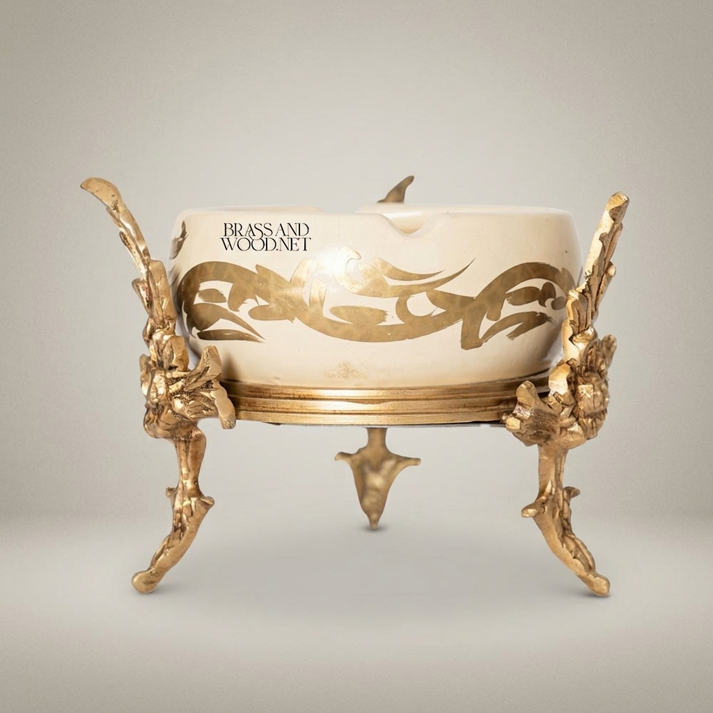 Rococo Brass & Ceramic Ashtray on Ornate Acanthus Four-Leg Stand — Antique Gold