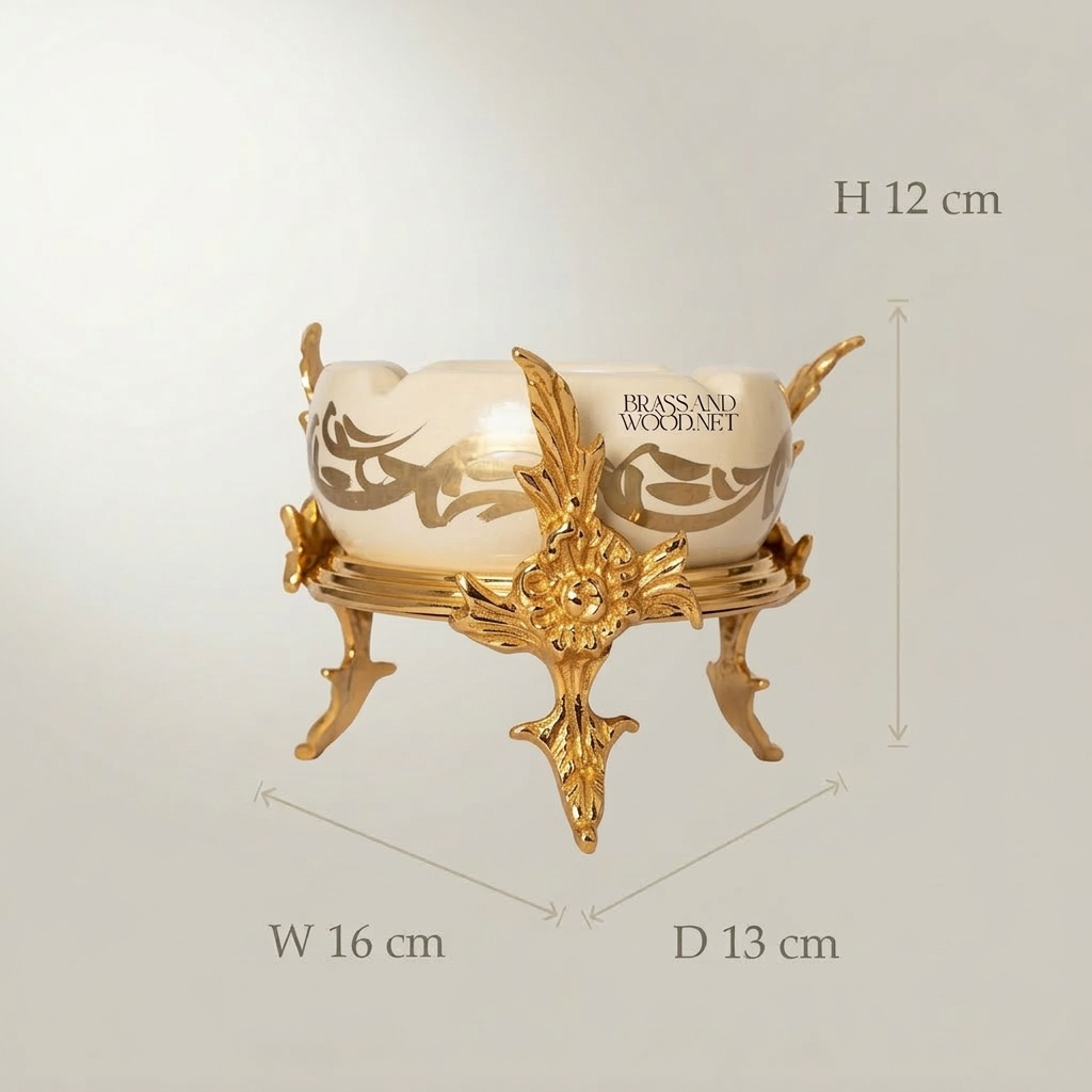 Rococo Brass & Ceramic Ashtray on Ornate Acanthus Four-Leg Stand