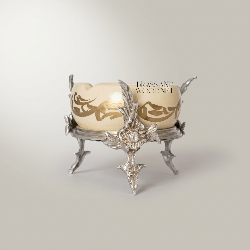 Rococo Brass & Ceramic Ashtray on Ornate Acanthus Four-Leg Stand — Silver
