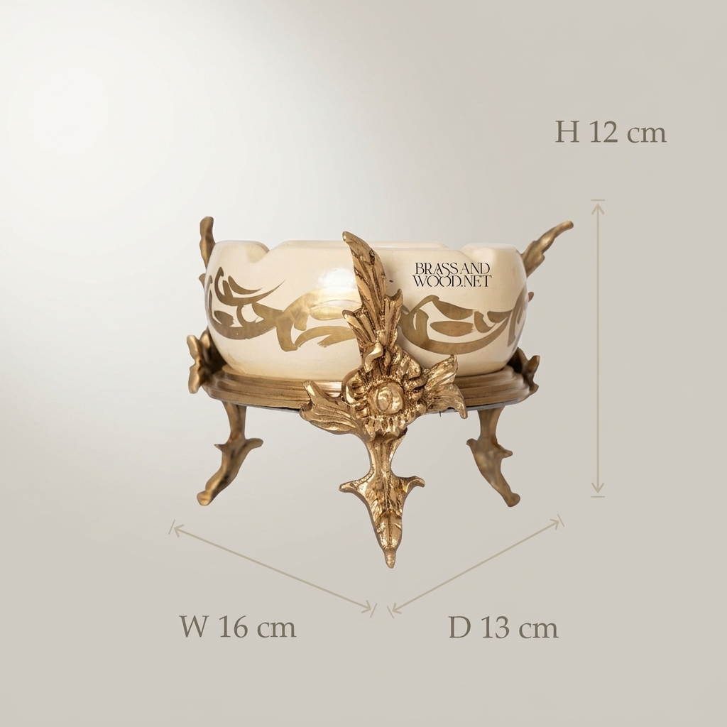 Rococo Brass & Ceramic Ashtray on Ornate Acanthus Four-Leg Stand — Antique Gold