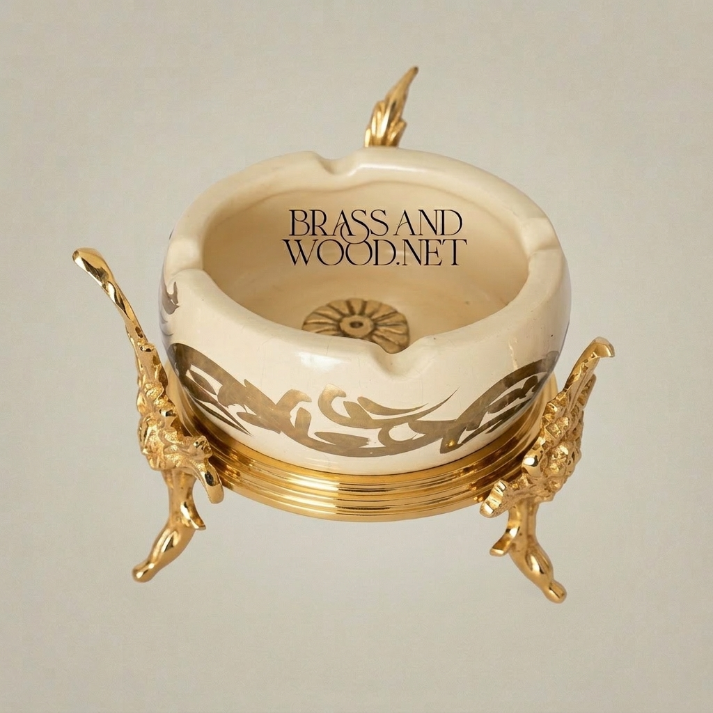 Rococo Brass & Ceramic Ashtray on Ornate Acanthus Four-Leg Stand — Gold