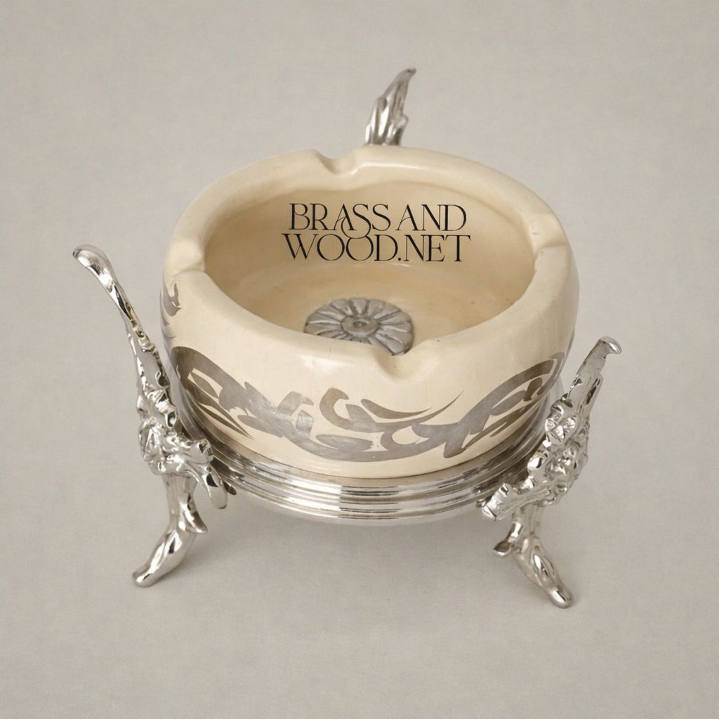Rococo Brass & Ceramic Ashtray on Ornate Acanthus Four-Leg Stand — Silver