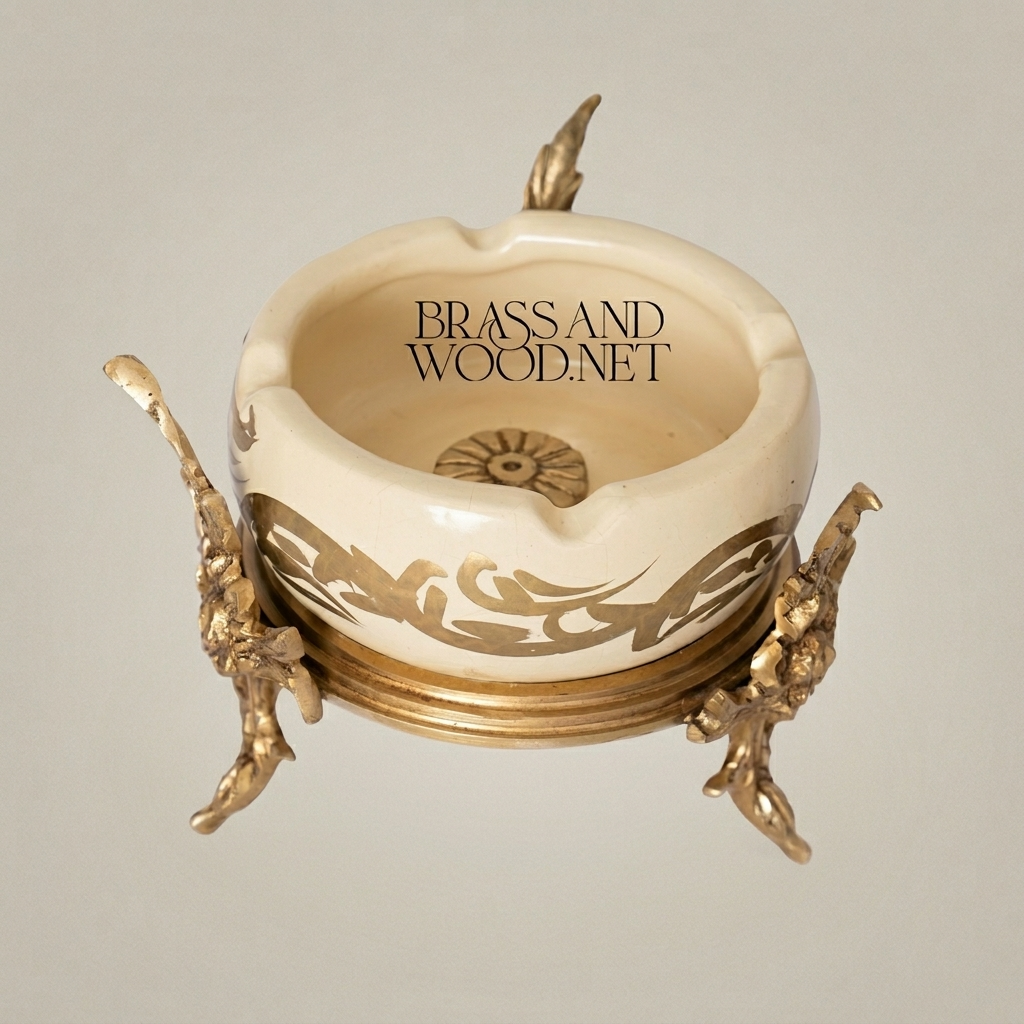 Rococo Brass & Ceramic Ashtray on Ornate Acanthus Four-Leg Stand — Antique Gold