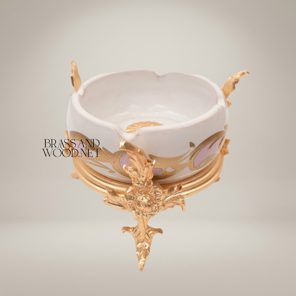Rococo Brass & Ceramic Ashtray on Ornate Floral Stand