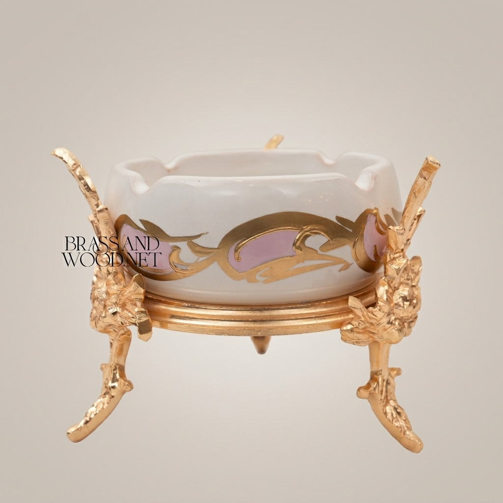 Rococo Brass & Ceramic Ashtray on Ornate Floral Stand — Gold