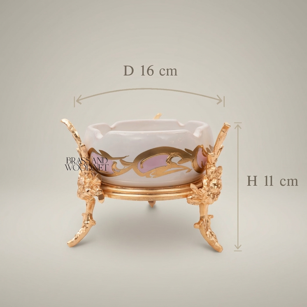 Rococo Brass & Ceramic Ashtray on Ornate Floral Stand