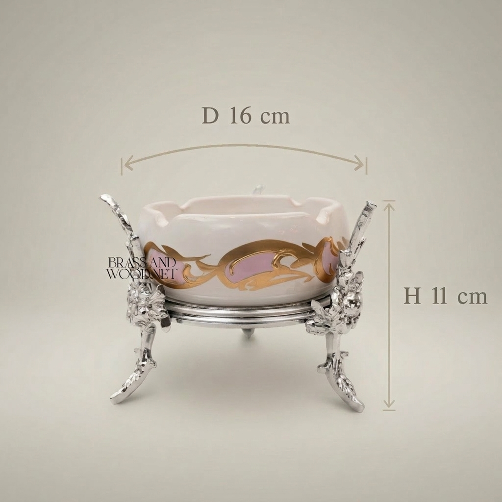 Rococo Brass & Ceramic Ashtray on Ornate Floral Stand — Silver
