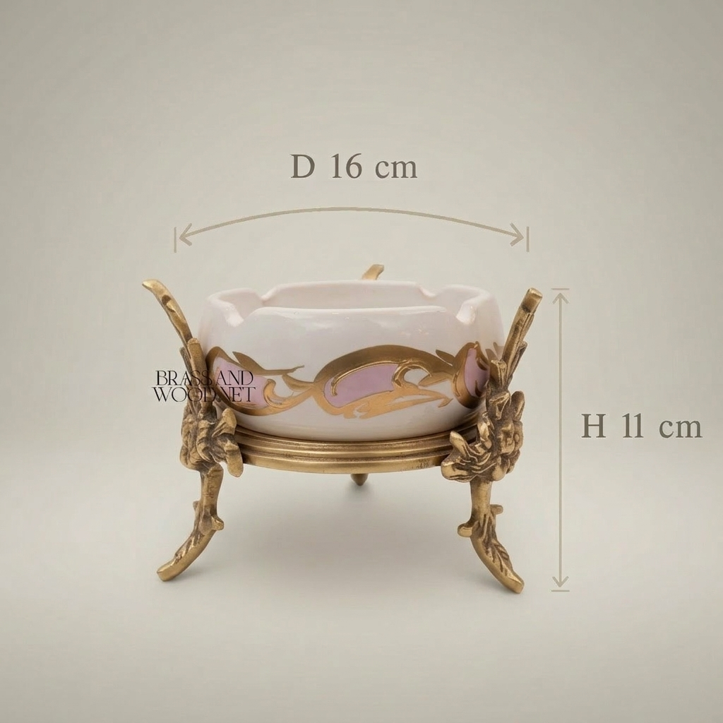 Rococo Brass & Ceramic Ashtray on Ornate Floral Stand — Antique Gold