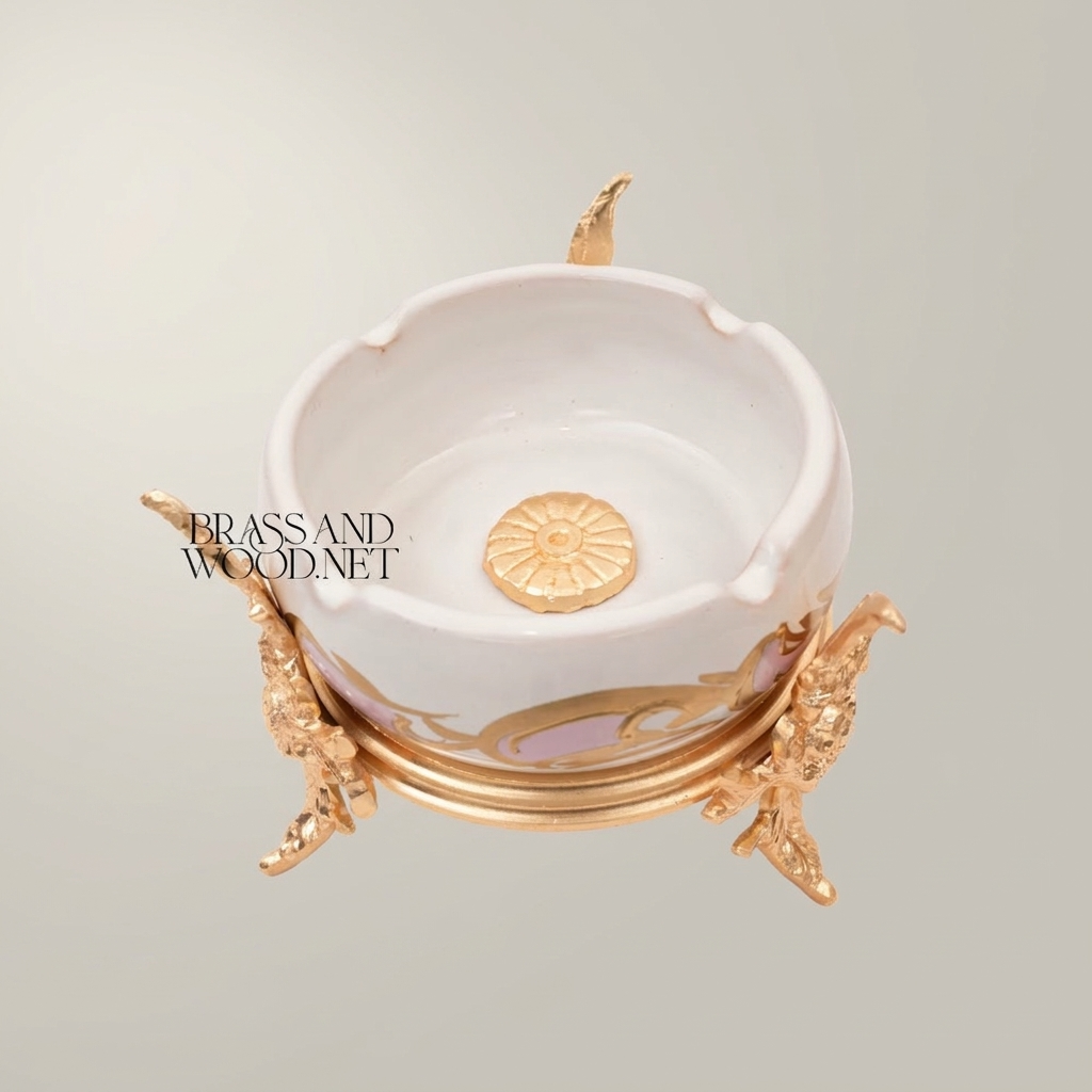 Rococo Brass & Ceramic Ashtray on Ornate Floral Stand — Gold