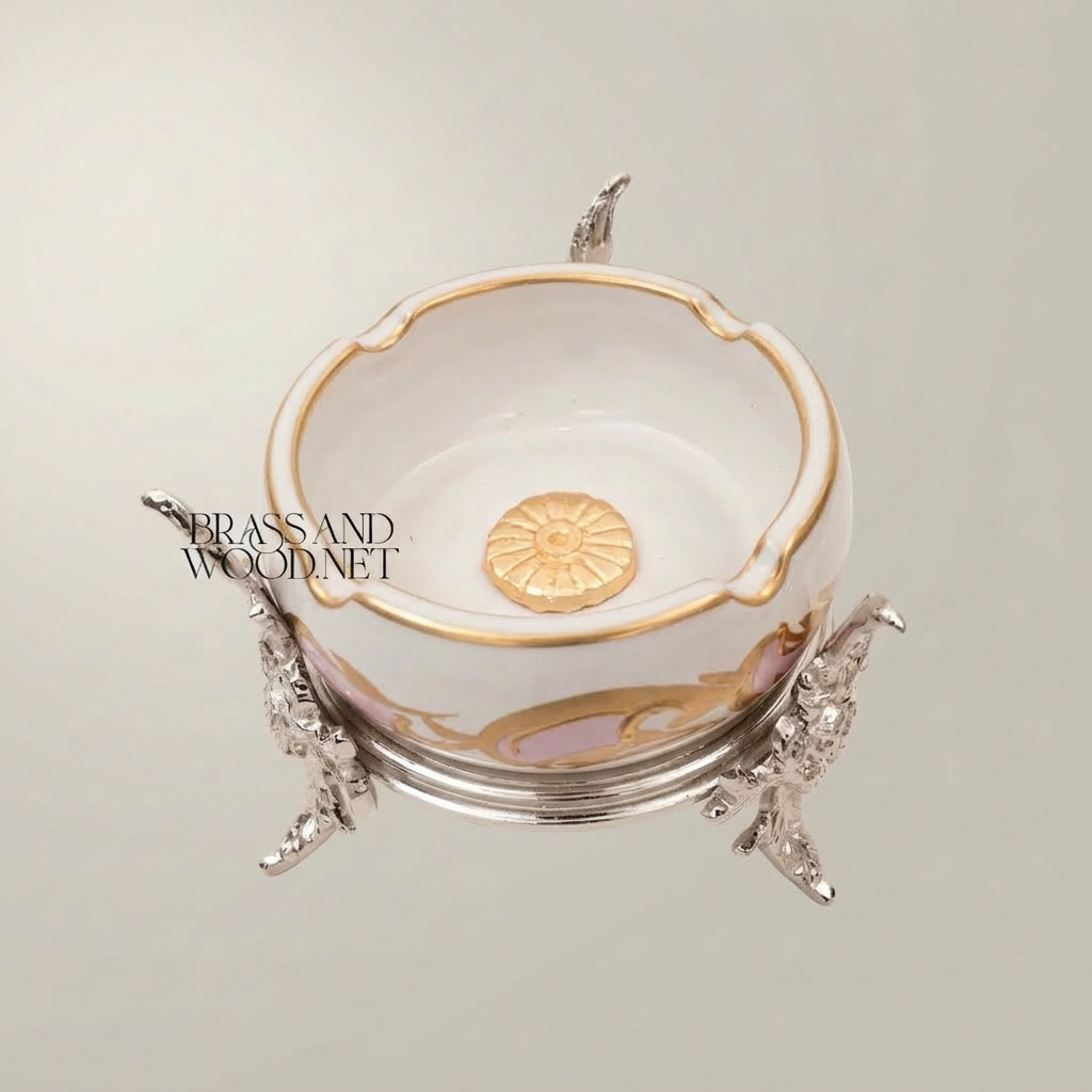Rococo Brass & Ceramic Ashtray on Ornate Floral Stand — Silver