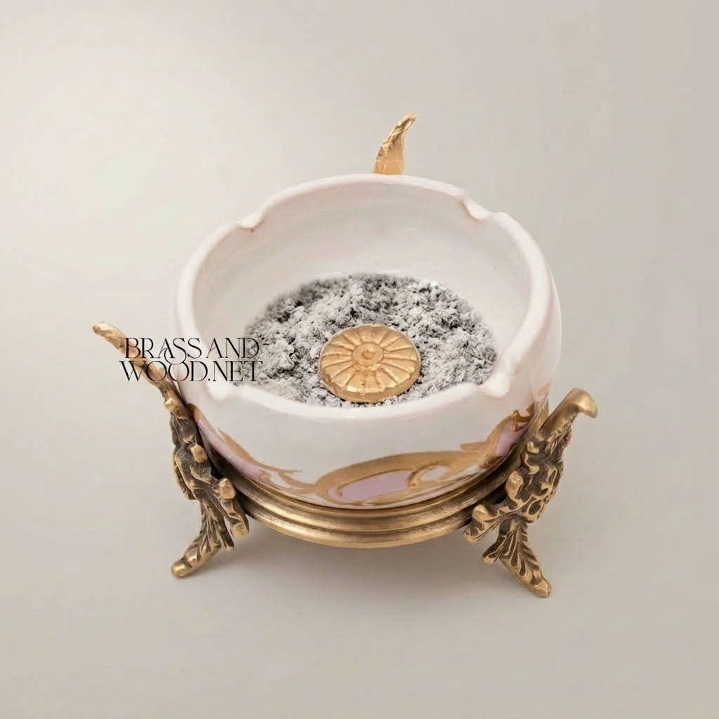 Rococo Brass & Ceramic Ashtray on Ornate Floral Stand — Antique Gold