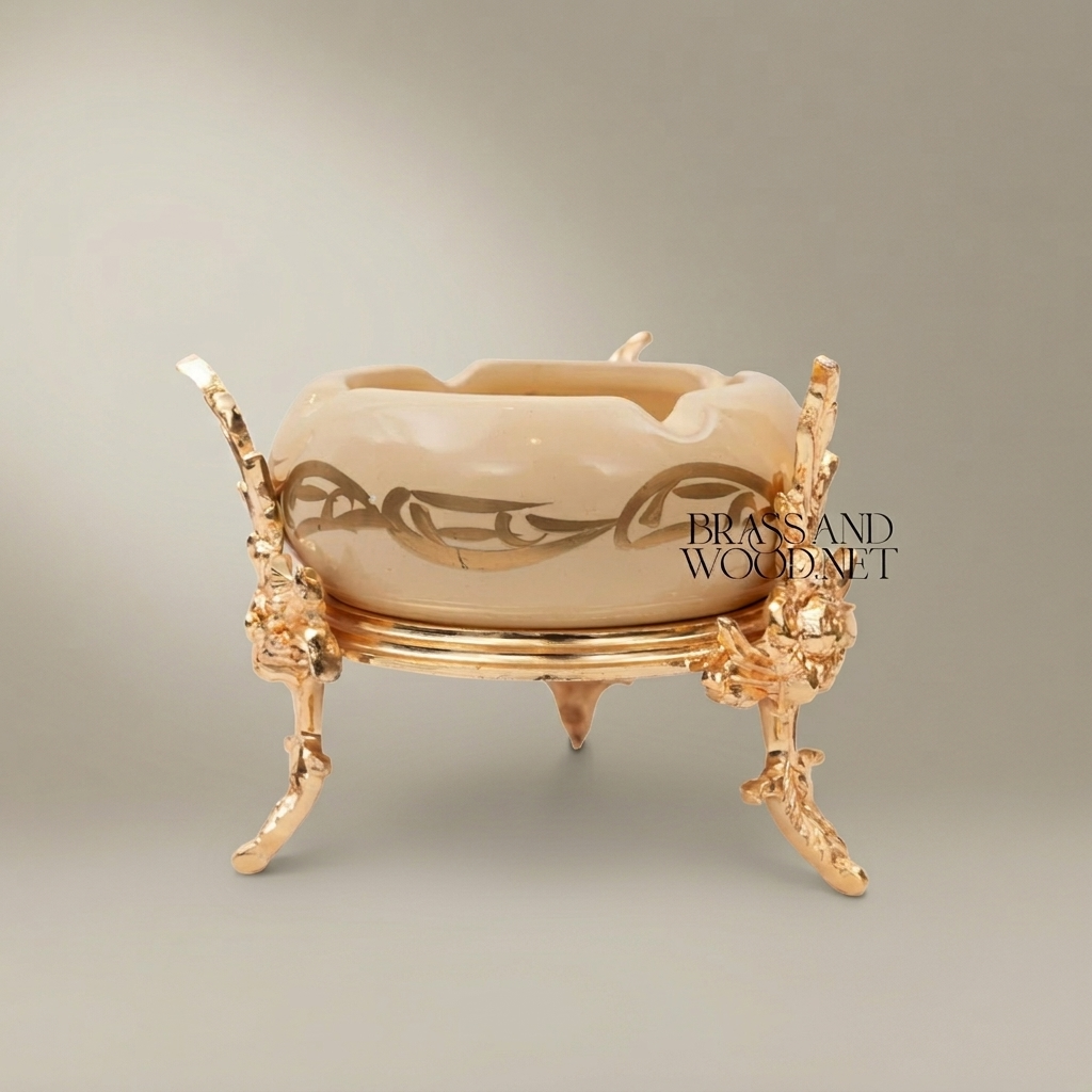 Rococo Brass & Ceramic Ashtray on Ornate Four-Leg Stand with Rosette Base