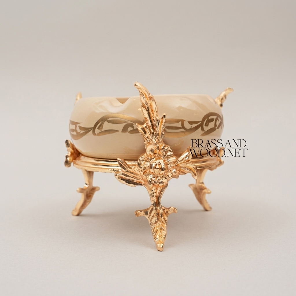 Rococo Brass & Ceramic Ashtray on Ornate Four-Leg Stand with Rosette Base