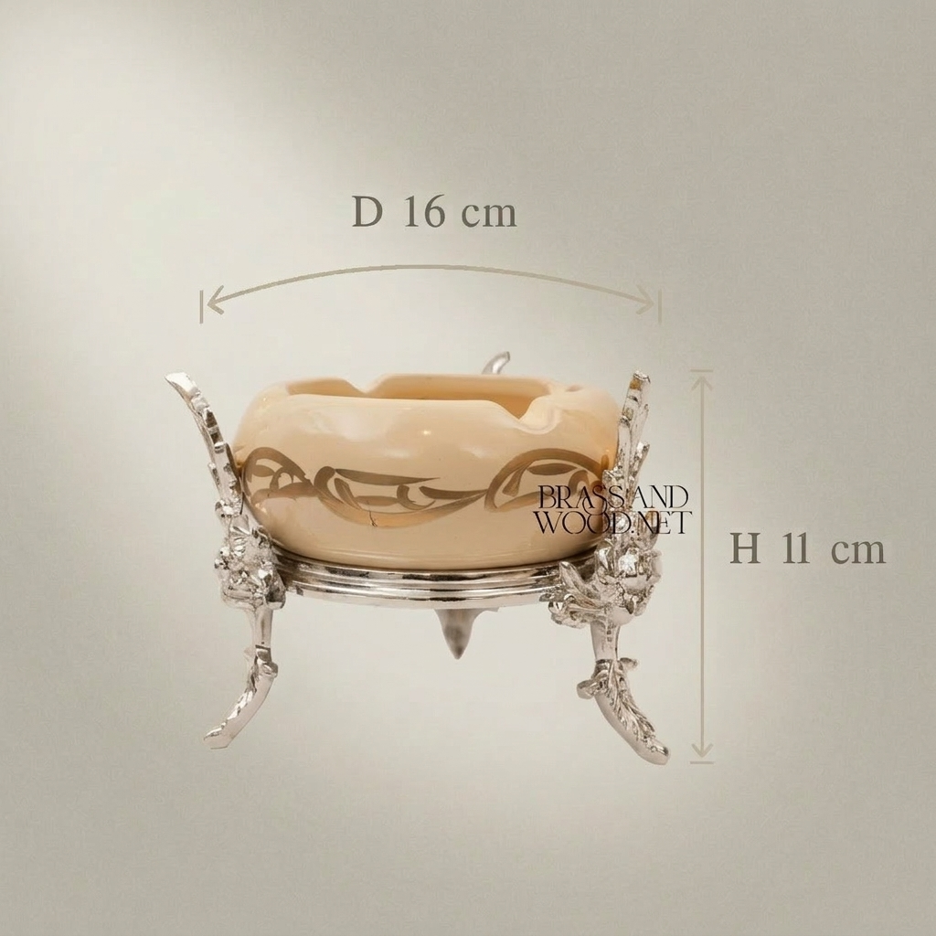 Rococo Brass & Ceramic Ashtray on Ornate Four-Leg Stand with Rosette Base — Silver