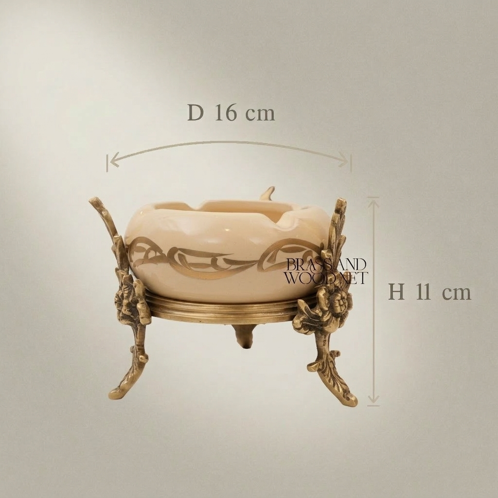Rococo Brass & Ceramic Ashtray on Ornate Four-Leg Stand with Rosette Base — Antique Gold
