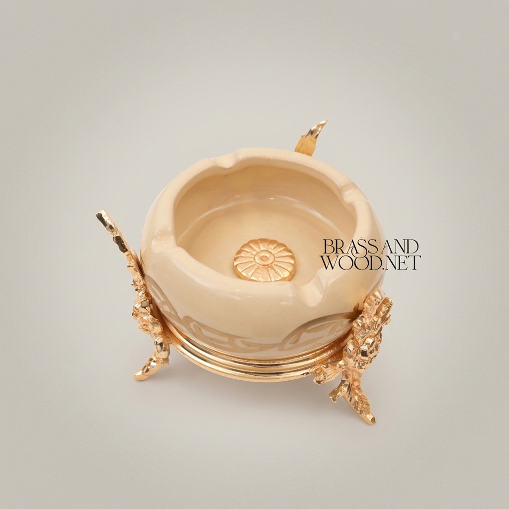 Rococo Brass & Ceramic Ashtray on Ornate Four-Leg Stand with Rosette Base — Gold