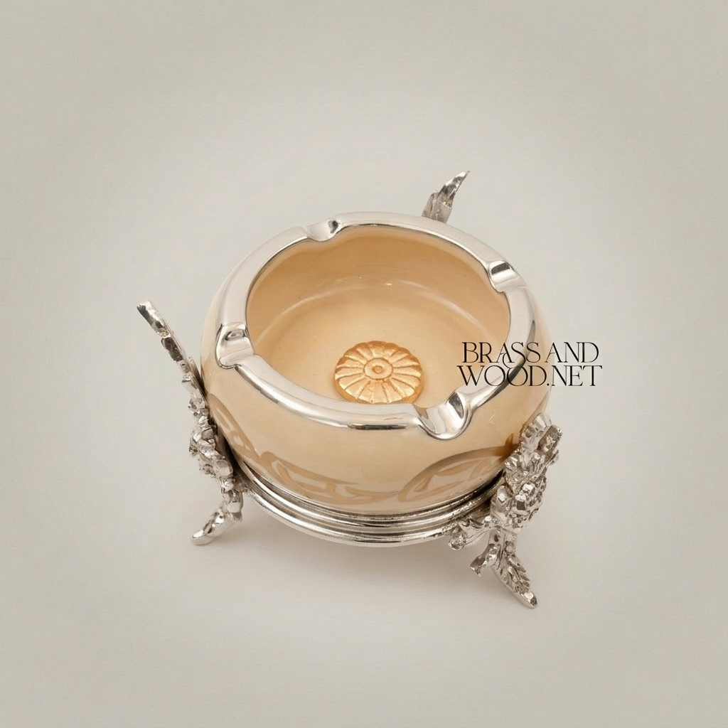 Rococo Brass & Ceramic Ashtray on Ornate Four-Leg Stand with Rosette Base — Silver