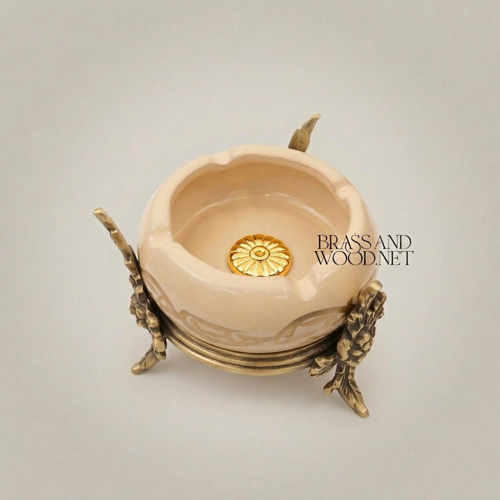 Rococo Brass & Ceramic Ashtray on Ornate Four-Leg Stand with Rosette Base — Antique Gold