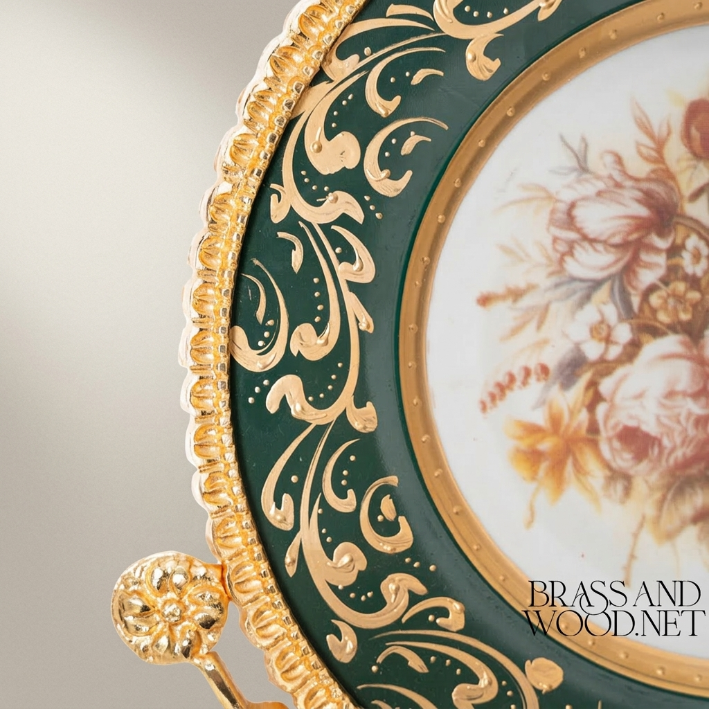 Rococo Brass & Ceramic Circular Wall Medallion - Green Enamel with Floral Centre & Ribbon Bow — Gold
