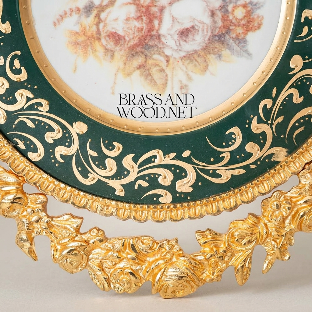 Rococo Brass & Ceramic Circular Wall Medallion - Green Enamel with Floral Centre & Ribbon Bow — Gold