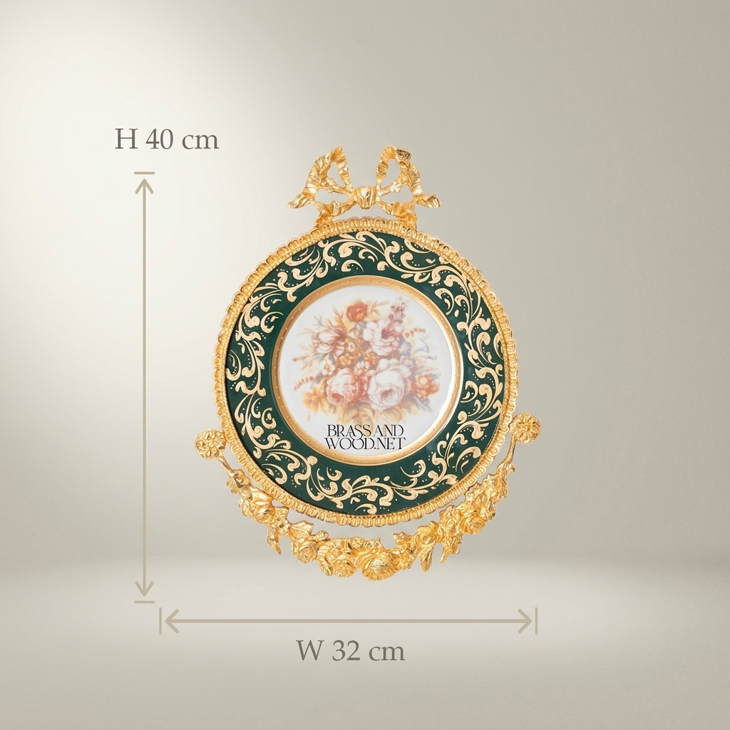 Rococo Brass & Ceramic Circular Wall Medallion - Green Enamel with Floral Centre & Ribbon Bow — Gold
