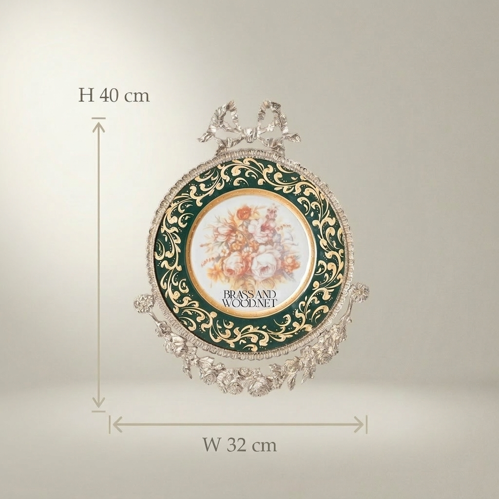 Rococo Brass & Ceramic Circular Wall Medallion - Green Enamel with Floral Centre & Ribbon Bow — Silver