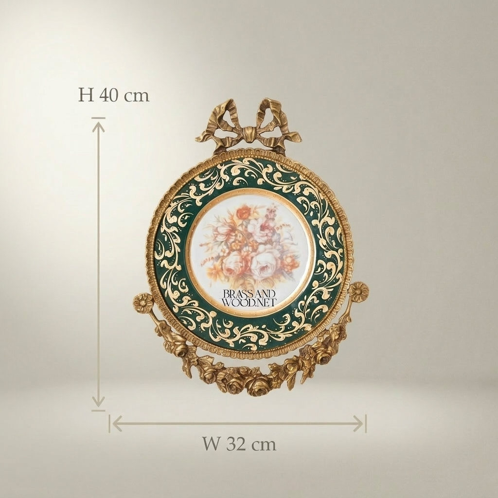 Rococo Brass & Ceramic Circular Wall Medallion - Green Enamel with Floral Centre & Ribbon Bow — Antique Gold