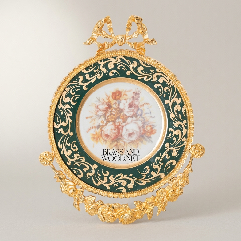 Rococo Brass & Ceramic Circular Wall Medallion - Green Enamel with Floral Centre & Ribbon Bow — Gold