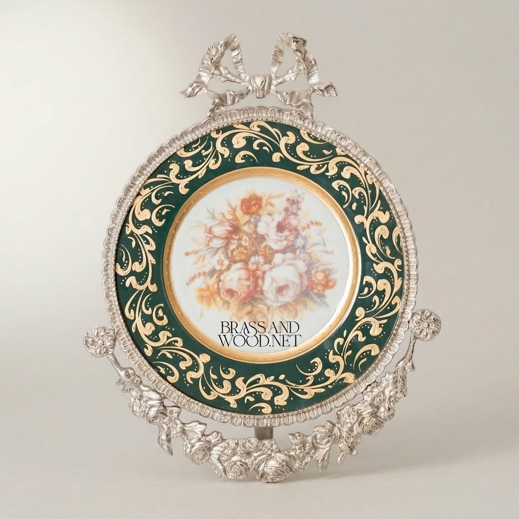 Rococo Brass & Ceramic Circular Wall Medallion - Green Enamel with Floral Centre & Ribbon Bow — Silver
